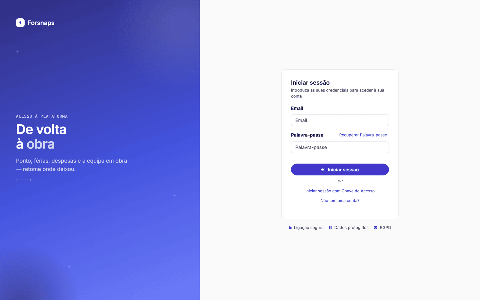 Página de entrada da plataforma Forsnaps