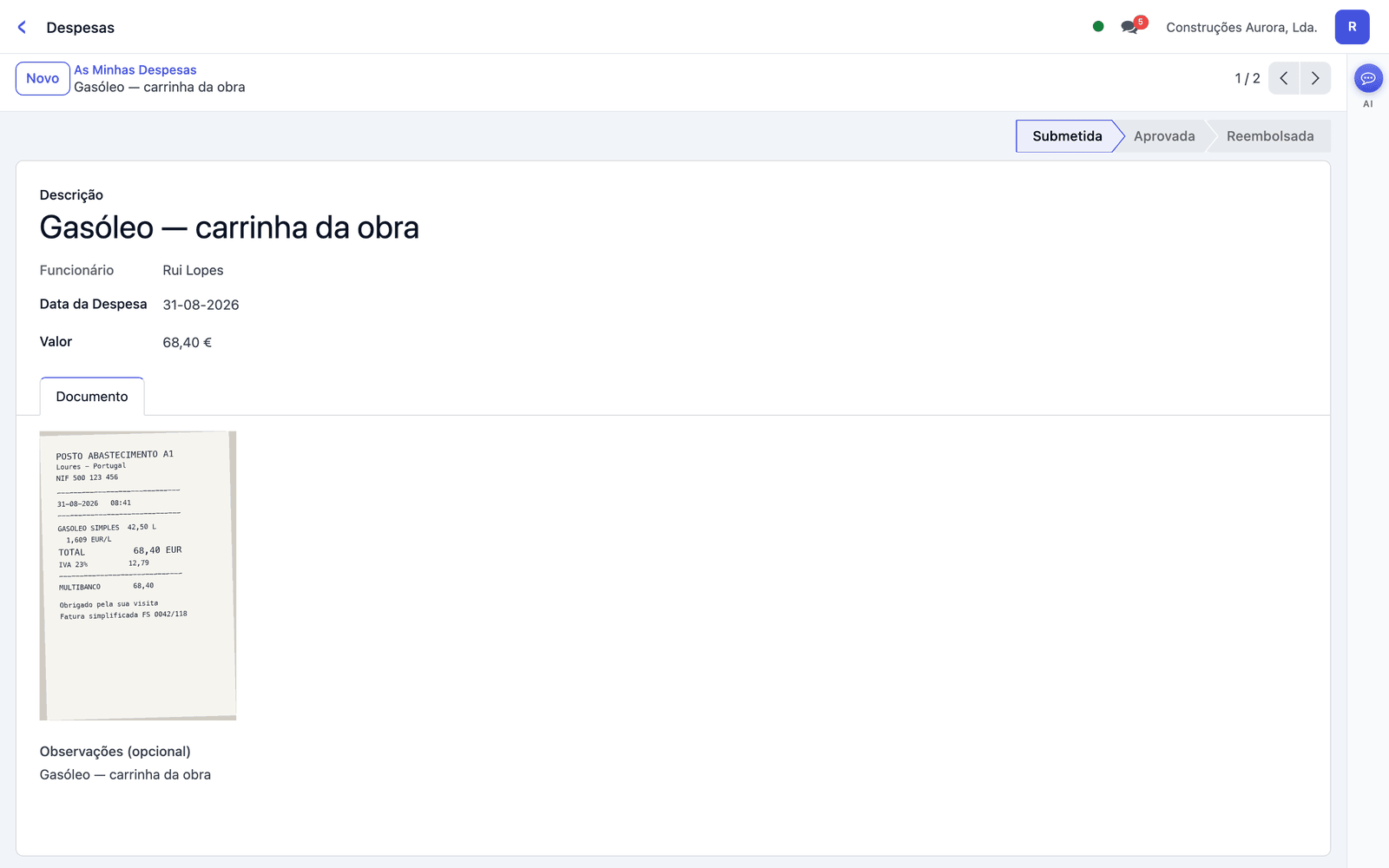 Ficha de uma despesa com o recibo fotografado