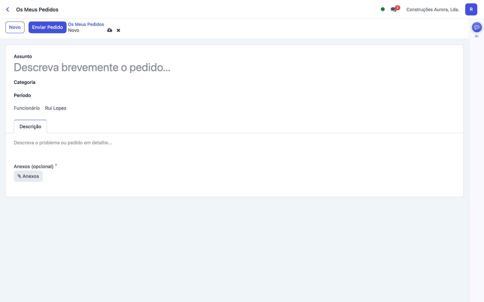 Formulário de novo pedido